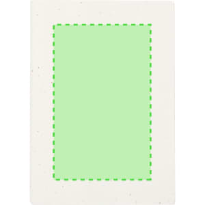A notebook with a plain white cover featuring a green rectangle. It has a branding logo on the front.