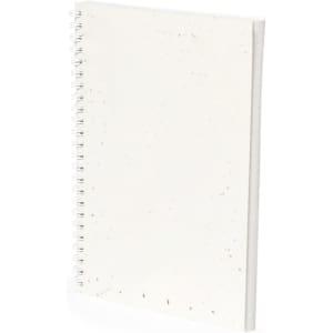 A white spiral-bound notebook with a textured cover, featuring small speckles throughout.