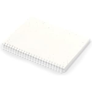 A white spiral-bound notebook with a textured cover, featuring a logo on the front.