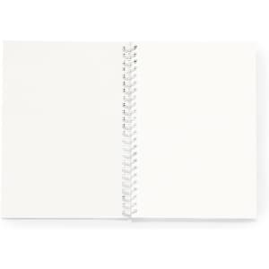 A spiral-bound notebook with blank white pages and a simple design, featuring a metal spiral binding.