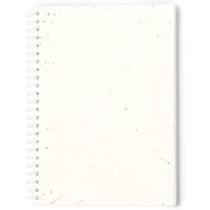 A white spiral-bound notebook with speckled pages, featuring a simple design and no visible text.