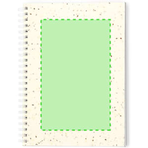 A spiral-bound notebook with a speckled cream cover and a green blank space for custom design.