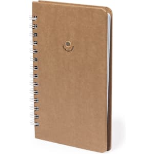 A brown, spiral-bound notebook with a textured cover and a logo on the front.