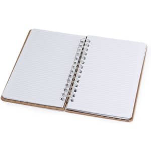 A spiral-bound notebook with blank lined pages and a simple cover, featuring a light brown finish.