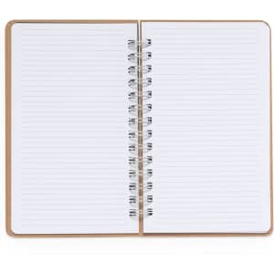A spiral-bound notebook with lined pages and a wooden cover. The interior pages are blank, ready for notes.