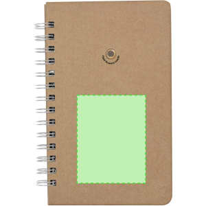 A brown spiral-bound notebook with a blank green area on the front cover and a logo at the top.