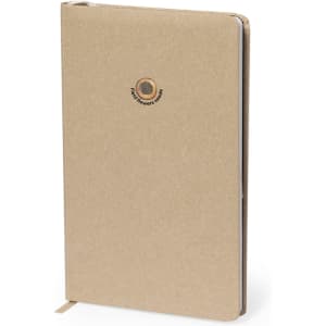 A brown notepad with a logo on the front, featuring a smooth cover and a ribbon bookmark.