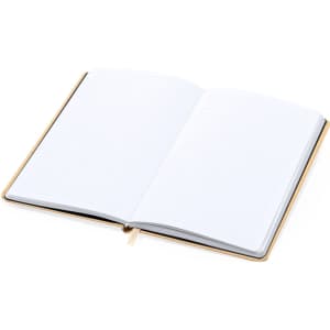 A notepad with a gold cover, featuring blank lined pages inside, opened flat to display its contents.