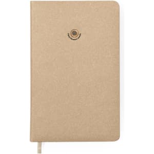 A beige notepad with a textured cover and a logo on the front, featuring a bookmark ribbon.