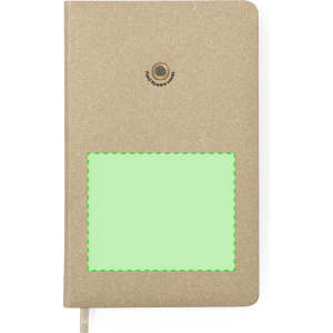 A beige notepad with a logo, featuring a green stitched rectangle on the front cover.