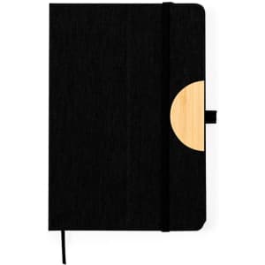 A black notepad with a bamboo accent and an elastic band closure, featuring a logo.