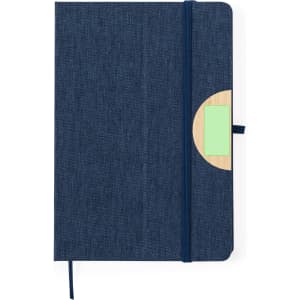 A navy blue notepad with a wooden accent and an elastic band. It includes a logo on the front.