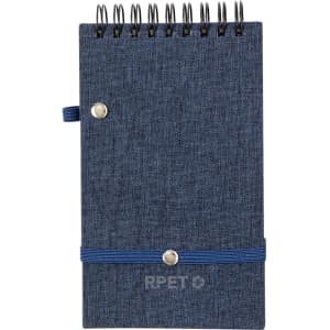 A navy blue spiral-bound notebook with an elastic strap and a button closure, featuring a textured cover.