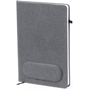 A grey notebook with a fabric cover, featuring a smooth section on the front and a ribbon bookmark.