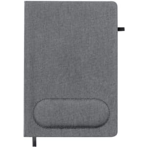 A grey notebook with a mousepad section on the cover, featuring a subtle texture and an attached ribbon bookmark.