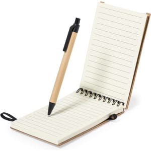 A notebook with lined pages and a brown cover, accompanied by a black pen positioned inside.