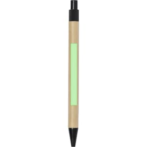 A pen with a brown, eco-friendly paper body and a black tip, featuring a green decorative band.