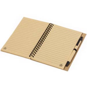 A Gienah Notebook featuring lined pages, spiral binding, and a black pen, presented in a natural finish.