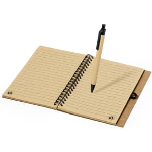 A brown Gienah notebook with lined pages, featuring a spiral binding and a black pen positioned on the pages.