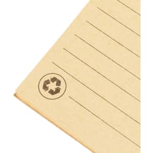 A close-up of a brown notebook page with lined formatting and a small recycling logo in the corner.