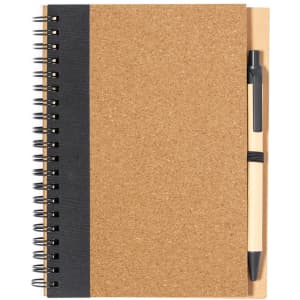A spiral-bound notebook with a cork cover and black spine, featuring a pen attached on the side.