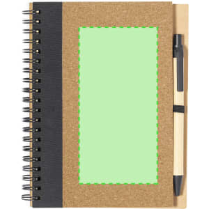 A spiral-bound notebook with a brown cover, black spine, and a pen attached. Features a blank green area.