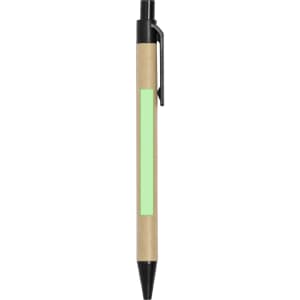 A pen with a brown barrel, black accents, and a green grip area, featuring a logo.