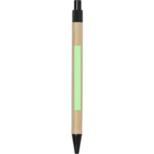 A mechanical pencil with a brown paper barrel and a green accent strip, featuring a black tip and lid.