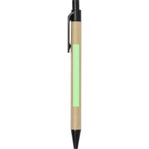 A black pen with a green accent on a kraft paper barrel, featuring a clip for easy attachment.