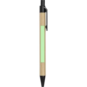 A black and brown pen with a frosted green section for branding, featuring a click mechanism and a pocket clip.