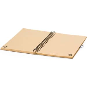 A spiral-bound notebook with a natural beige cover and lined pages, featuring a recycling symbol on the corners.