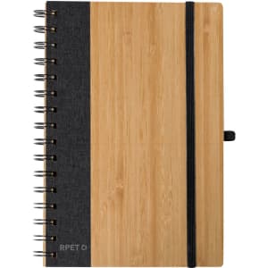 A notebook featuring a bamboo cover with a dark grey fabric side and a black elastic band. It has a spiral binding and a logo.