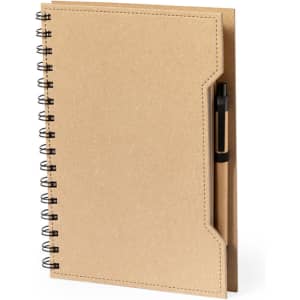 A brown spiral-bound notebook with a pen tucked into the side. It features a textured cover and is partially open.