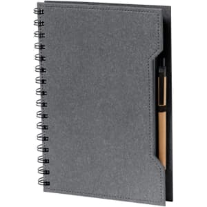 A grey spiral-bound notebook with a pocket for a pen. It features a textured cover and a logo.