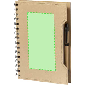A brown spiral notebook with a blank green insert and a black pen attached. The notebook has a simple design.