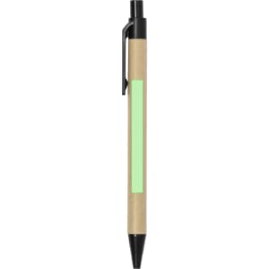A pen with a brown paper barrel, black accents, and a blank green area for customisation.