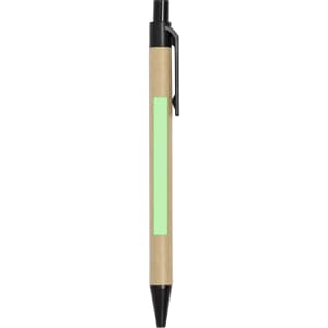 A pen with a natural kraft body and black accents, featuring a green label area for customisation.