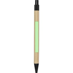 A pen with a brown paper barrel and a green accent, featuring a black tip and retractable mechanism.