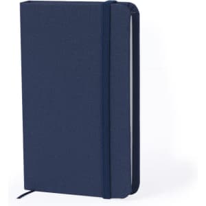 A navy blue notepad with a textured cover, elastic band, and ribbon bookmark. Features a logo on the front.