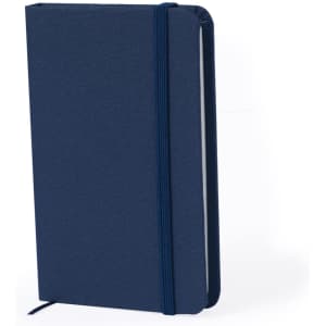A navy blue notepad with a textured cover, featuring an elastic band and a ribbon bookmark.