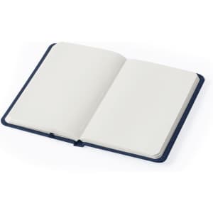A navy blue notepad with a soft cover, featuring blank white pages and a ribbon bookmark.