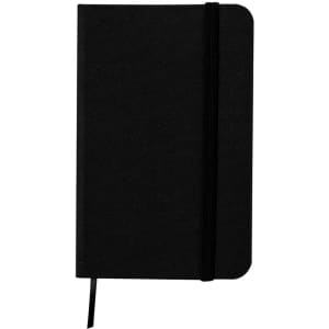 A black notebook with a textured cover, elastic band, and ribbon bookmark. It features a logo on the cover.