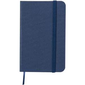 A navy blue notepad with a textured cover, featuring a ribbon marker and an elastic band closure.