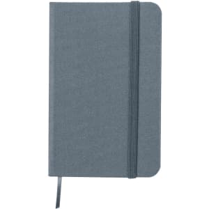 A grey notepad with a textured cover, featuring an elastic band and a ribbon bookmark. It has a logo on the cover.