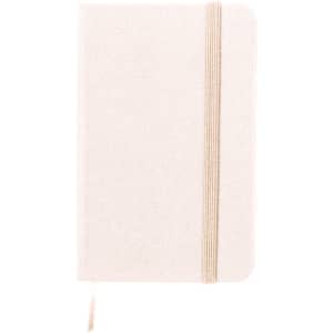A cream-coloured notepad with a textured cover, featuring a ribbon bookmark and an elastic closure.