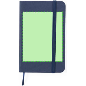 A navy blue notepad with a textured cover and elastic closure, featuring a blank green area on the front.