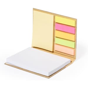A sticky notepad with a white pad and five colourful sticky notes in pink, yellow, green, and orange. It has a logo.