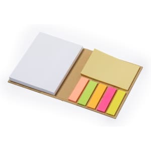 A notepad with a plain white cover, yellow, pink, orange, and green sticky notes inside. The product has a logo.