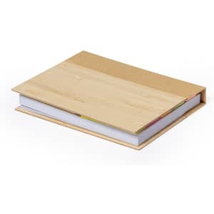 A notepad with a natural bamboo cover and colourful sticky notes inside, featuring a simple design and a branded logo.