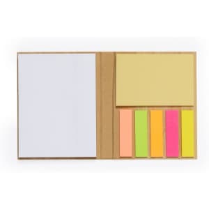 A sticky notepad featuring a white notepad, yellow pads, and assorted sticky notes in pink, orange, and green. It includes branding.